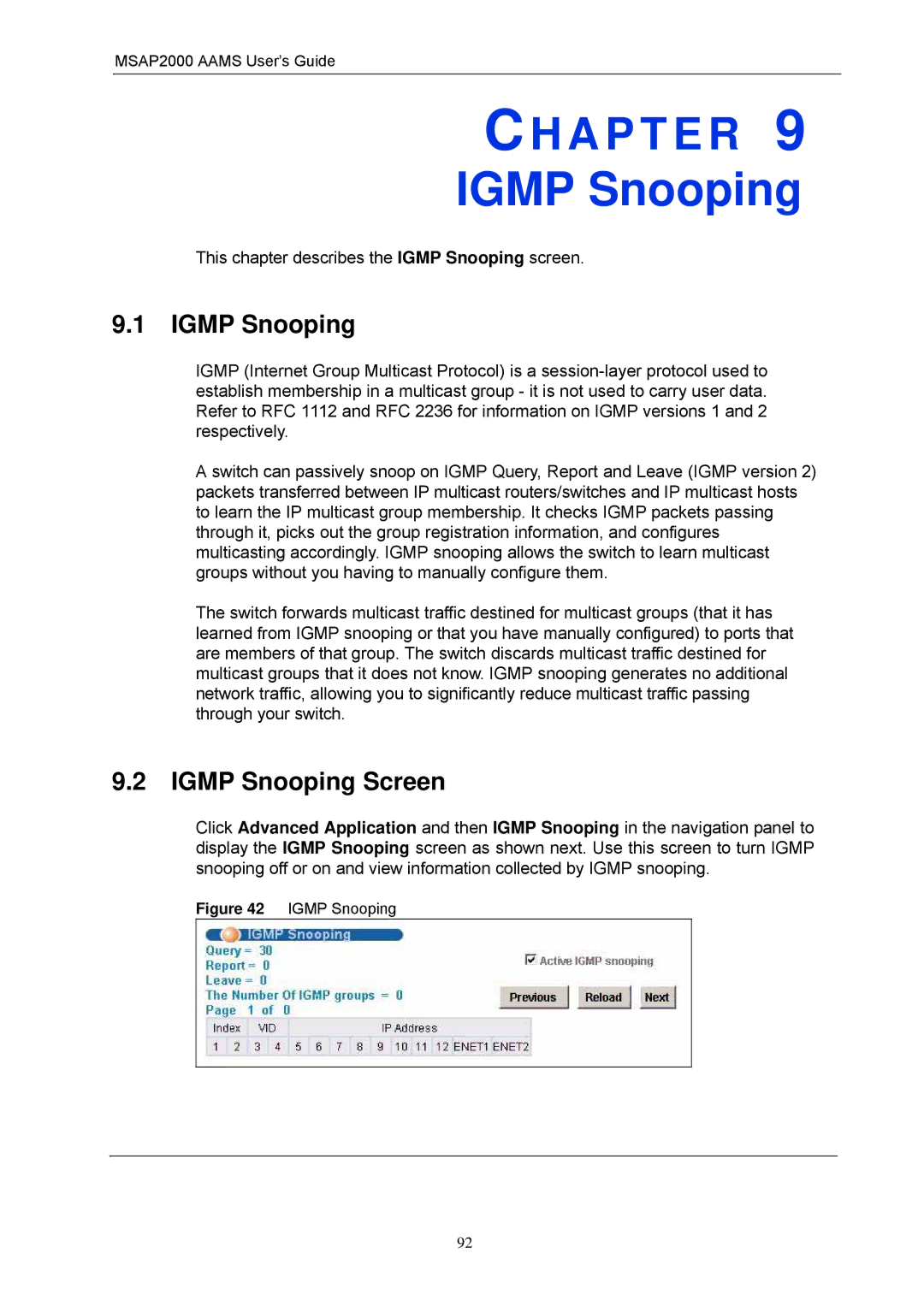 ZyXEL Communications MSAP2000 manual Igmp Snooping Screen, This chapter describes the Igmp Snooping screen 