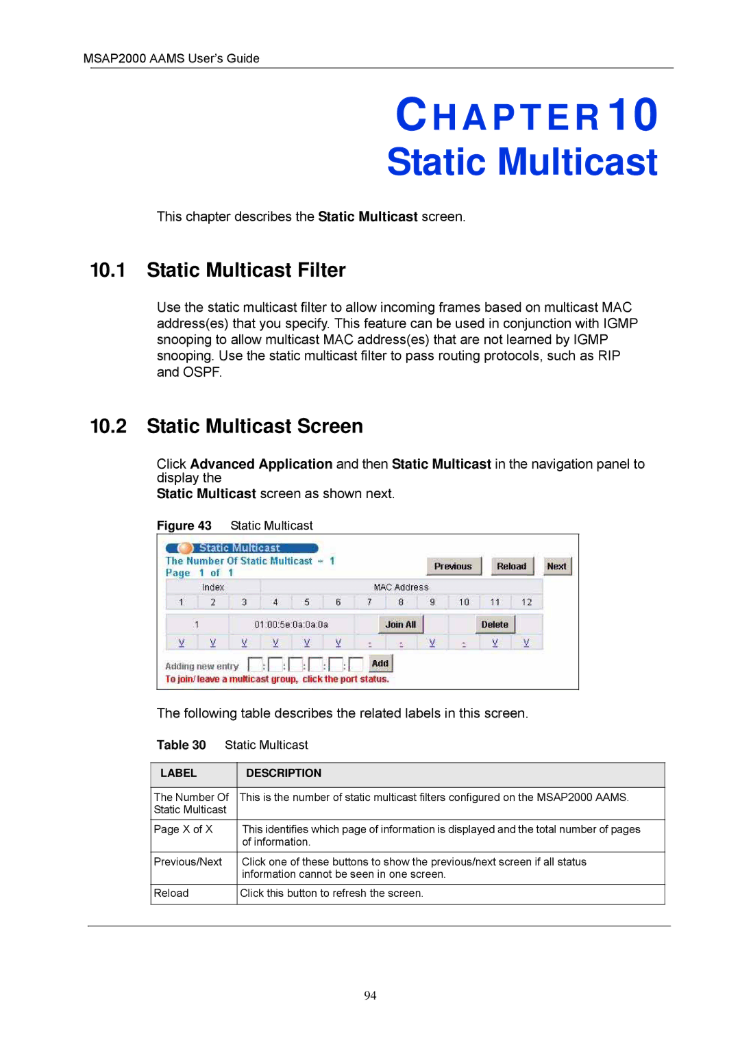 ZyXEL Communications MSAP2000 manual Static Multicast Filter, Static Multicast Screen 