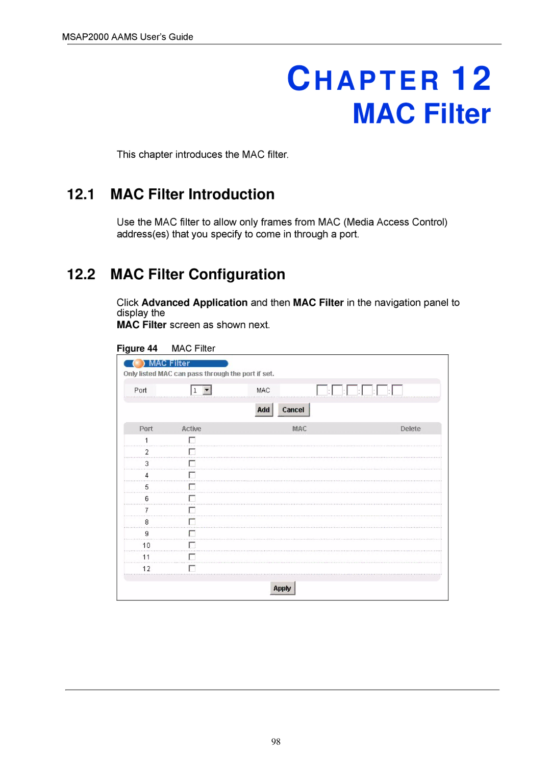 ZyXEL Communications MSAP2000 manual MAC Filter Introduction, MAC Filter Configuration 