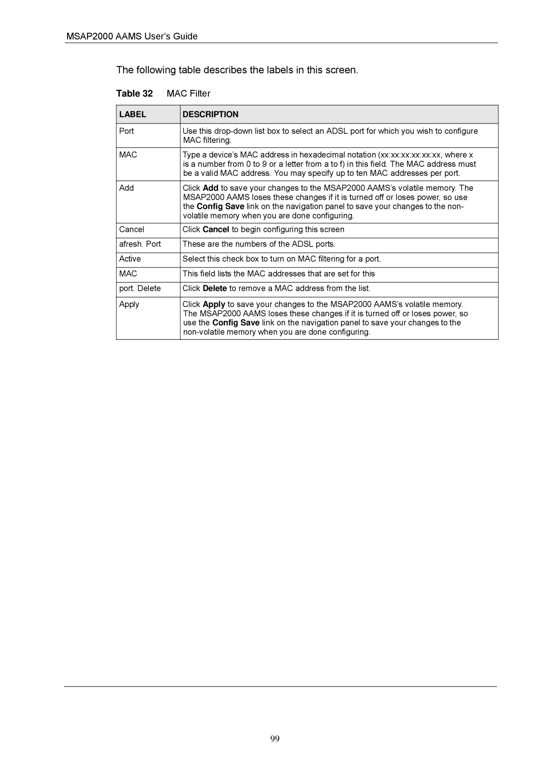 ZyXEL Communications MSAP2000 manual MAC Filter, Mac 