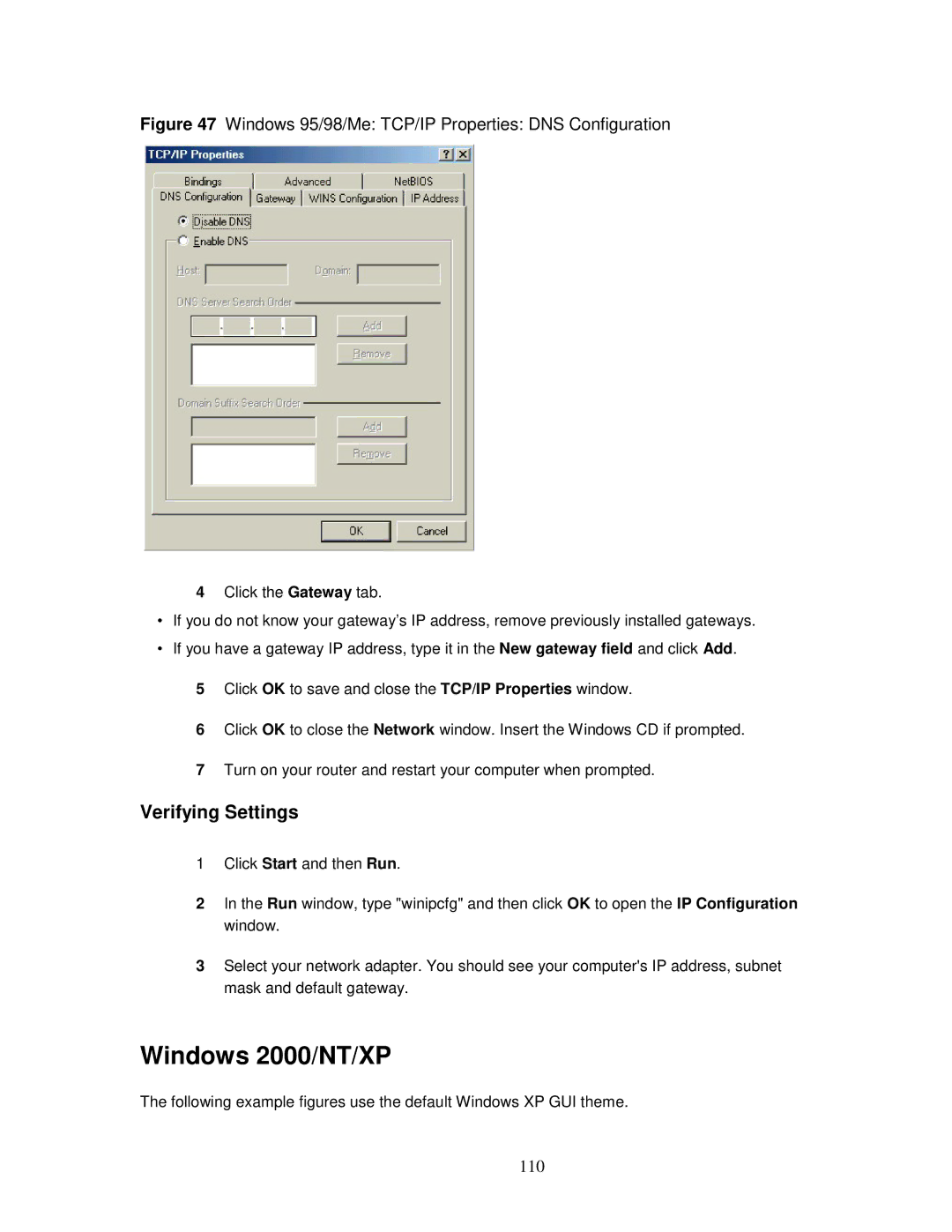 ZyXEL Communications MWR102 manual Windows 2000/NT/XP, Verifying Settings, 110 