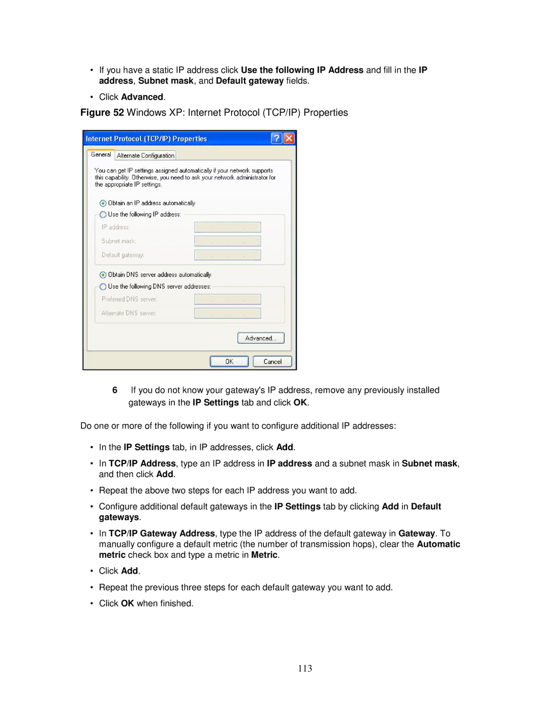 ZyXEL Communications MWR102 manual Windows XP Internet Protocol TCP/IP Properties, 113 