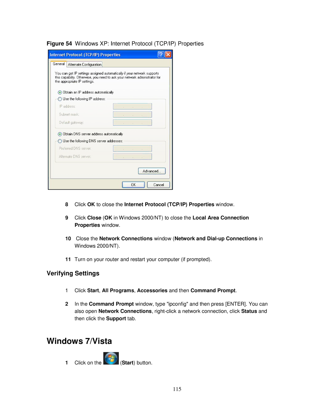 ZyXEL Communications MWR102 manual Windows 7/Vista, 115 