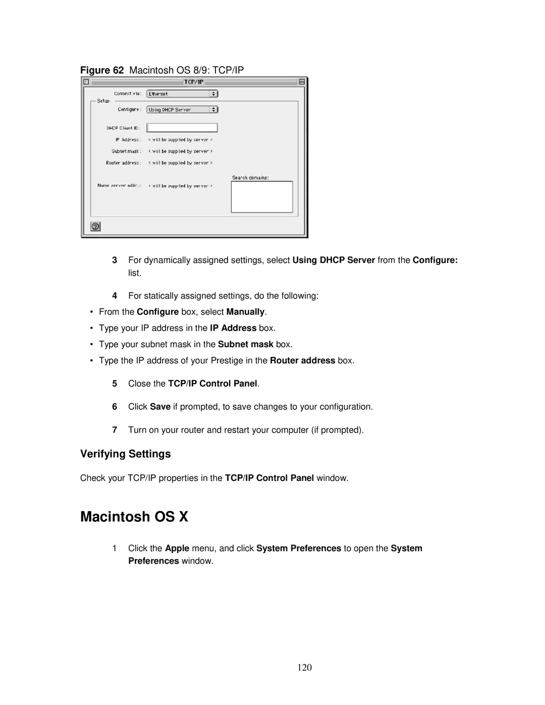 ZyXEL Communications MWR102 manual Macintosh OS, 120 