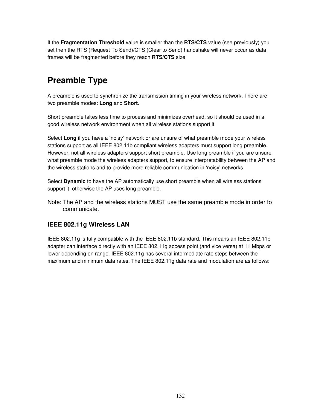 ZyXEL Communications MWR102 manual Preamble Type, Ieee 802.11g Wireless LAN, 132 