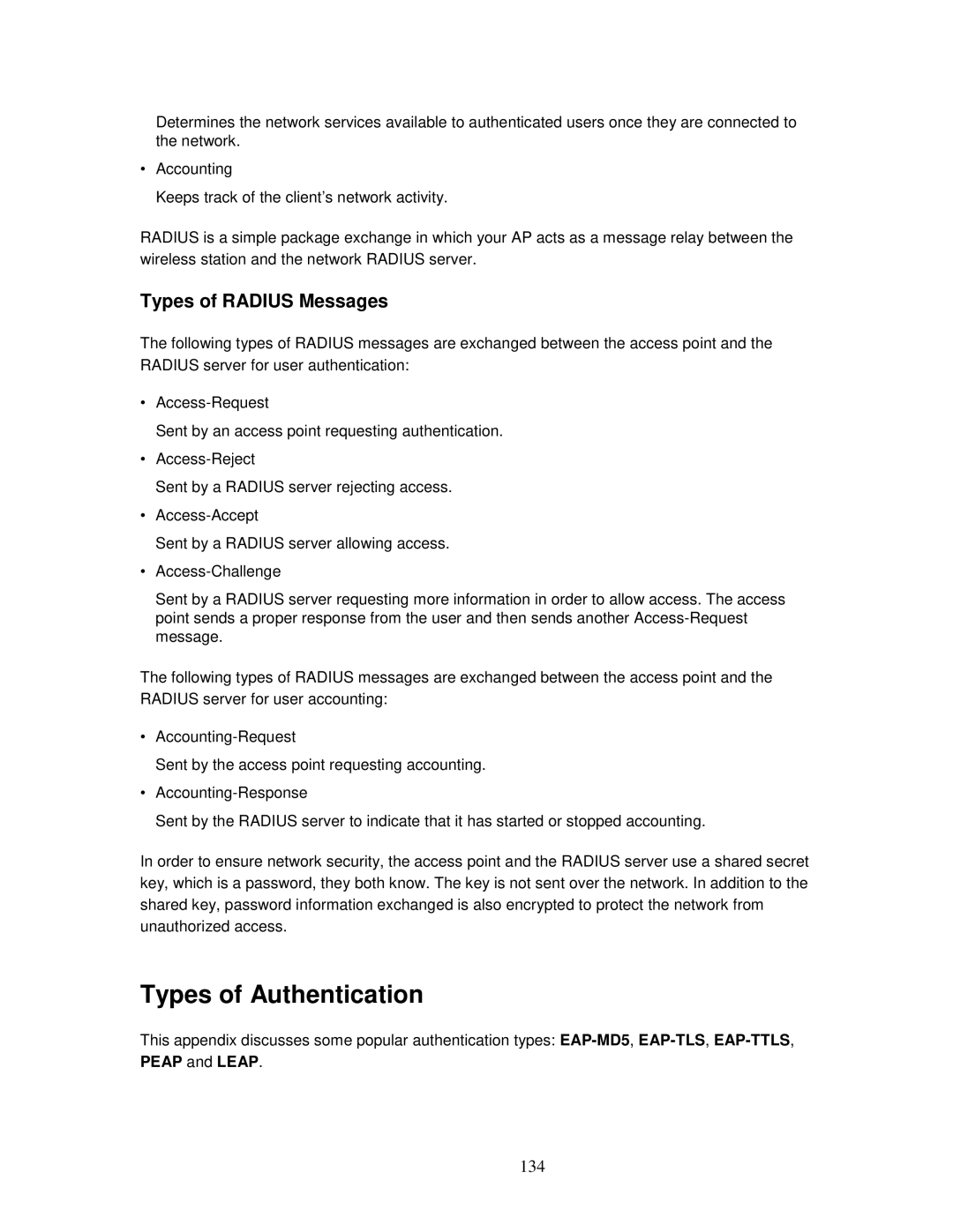 ZyXEL Communications MWR102 manual Types of Authentication, Types of Radius Messages, 134 