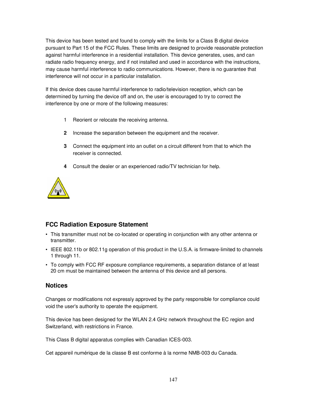 ZyXEL Communications MWR102 manual FCC Radiation Exposure Statement, 147 