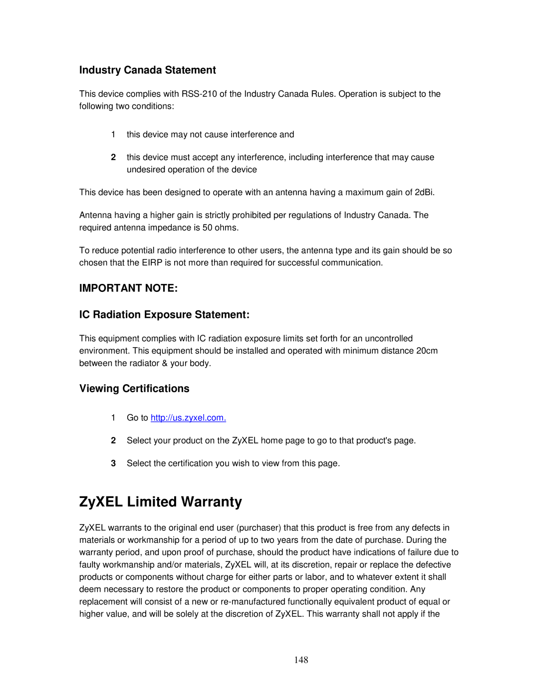 ZyXEL Communications MWR102 manual ZyXEL Limited Warranty, Industry Canada Statement, IC Radiation Exposure Statement, 148 