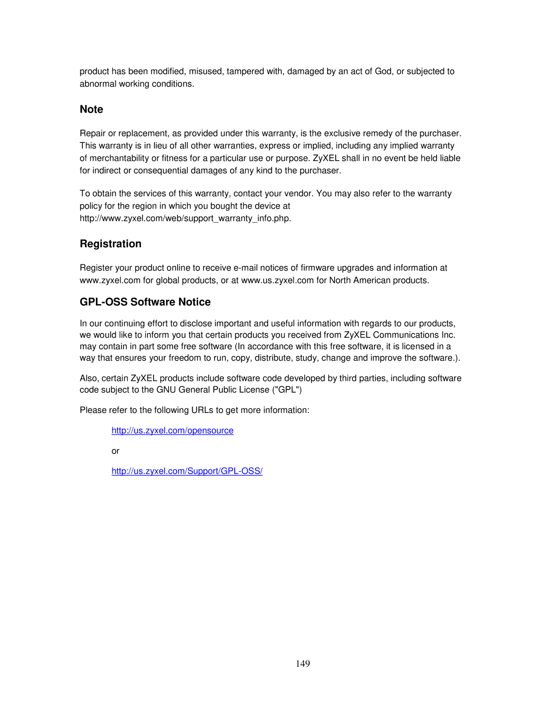 ZyXEL Communications MWR102 manual Registration GPL-OSS Software Notice, 149 