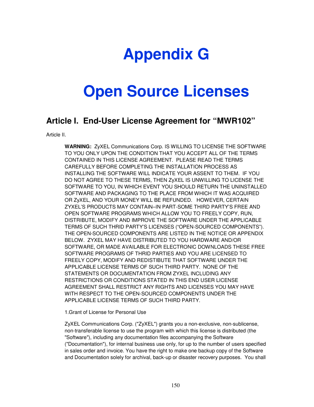 ZyXEL Communications manual Article I. End-User License Agreement for MWR102, 150 