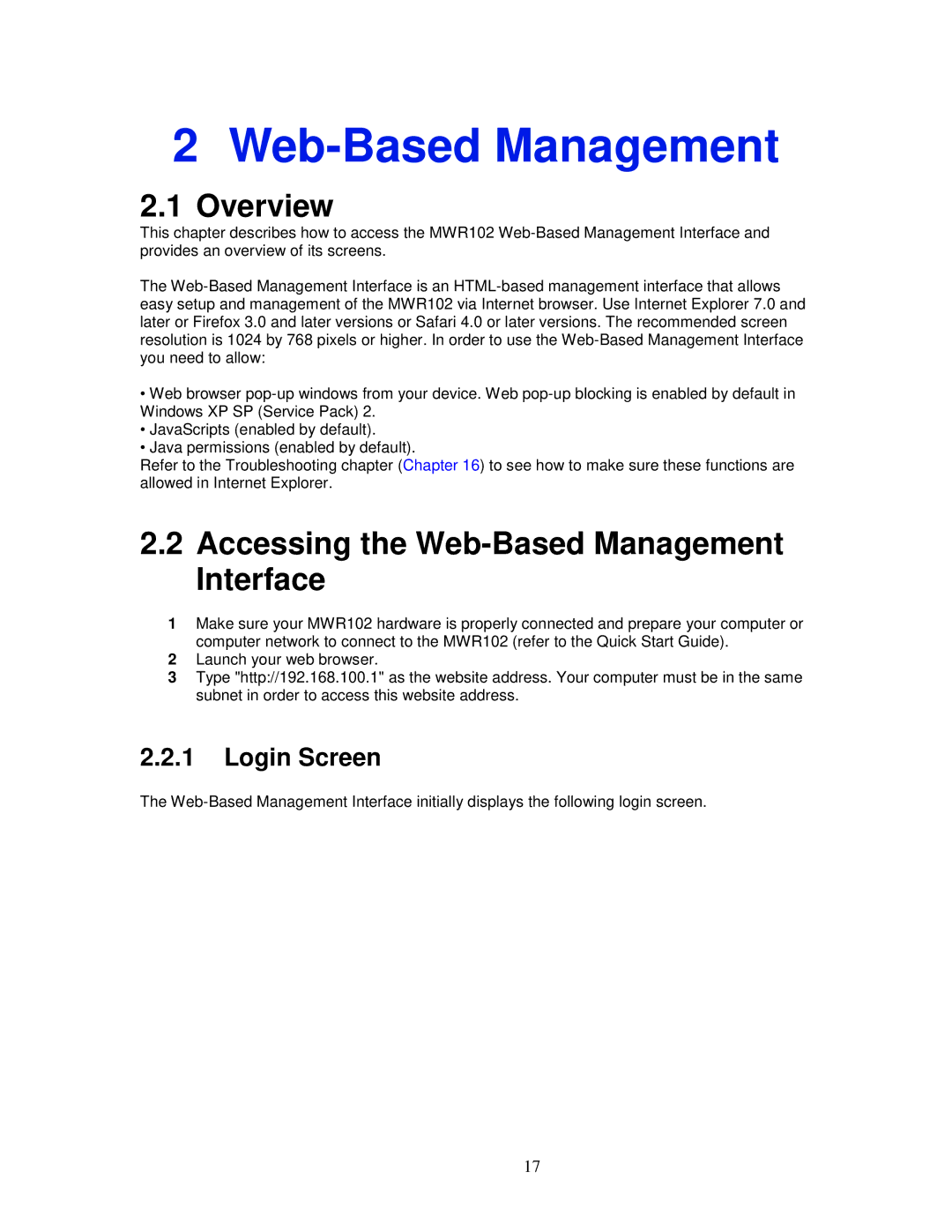 ZyXEL Communications MWR102 manual Accessing the Web-Based Management Interface, Login Screen 