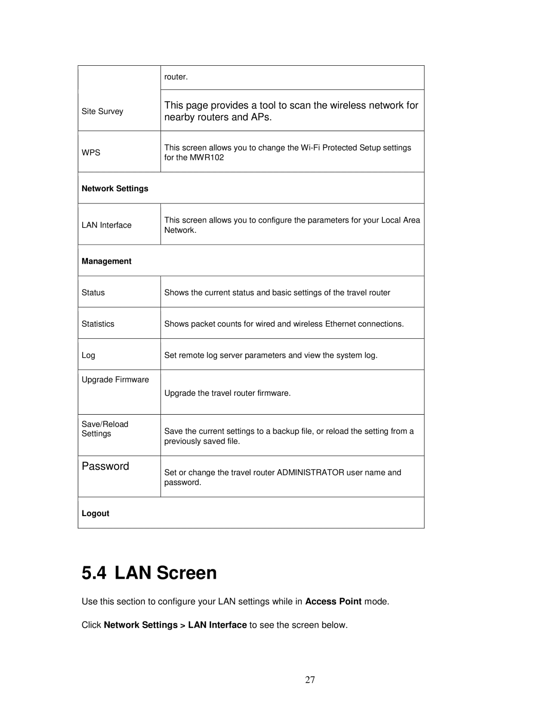 ZyXEL Communications MWR102 LAN Screen, This page provides a tool to scan the wireless network for, Nearby routers and APs 