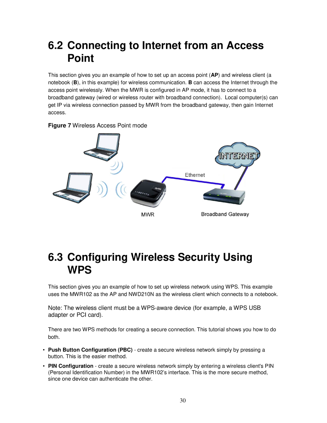 ZyXEL Communications MWR102 manual Connecting to Internet from an Access Point, Configuring Wireless Security Using 