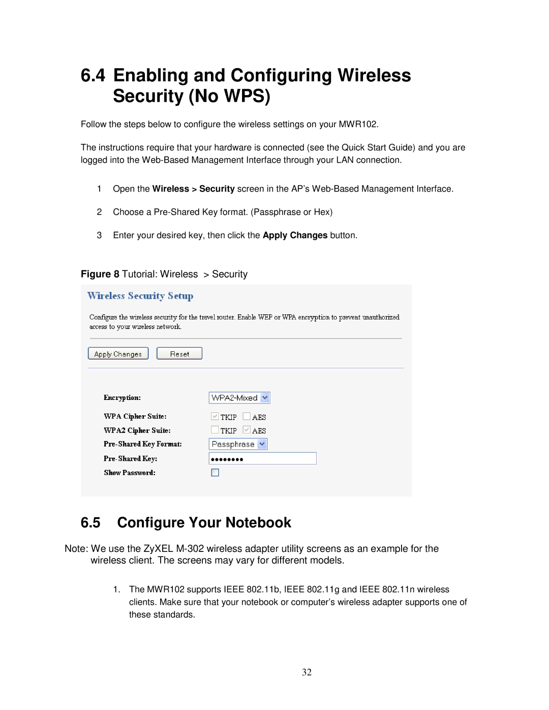 ZyXEL Communications MWR102 manual Enabling and Configuring Wireless Security No WPS, Configure Your Notebook 