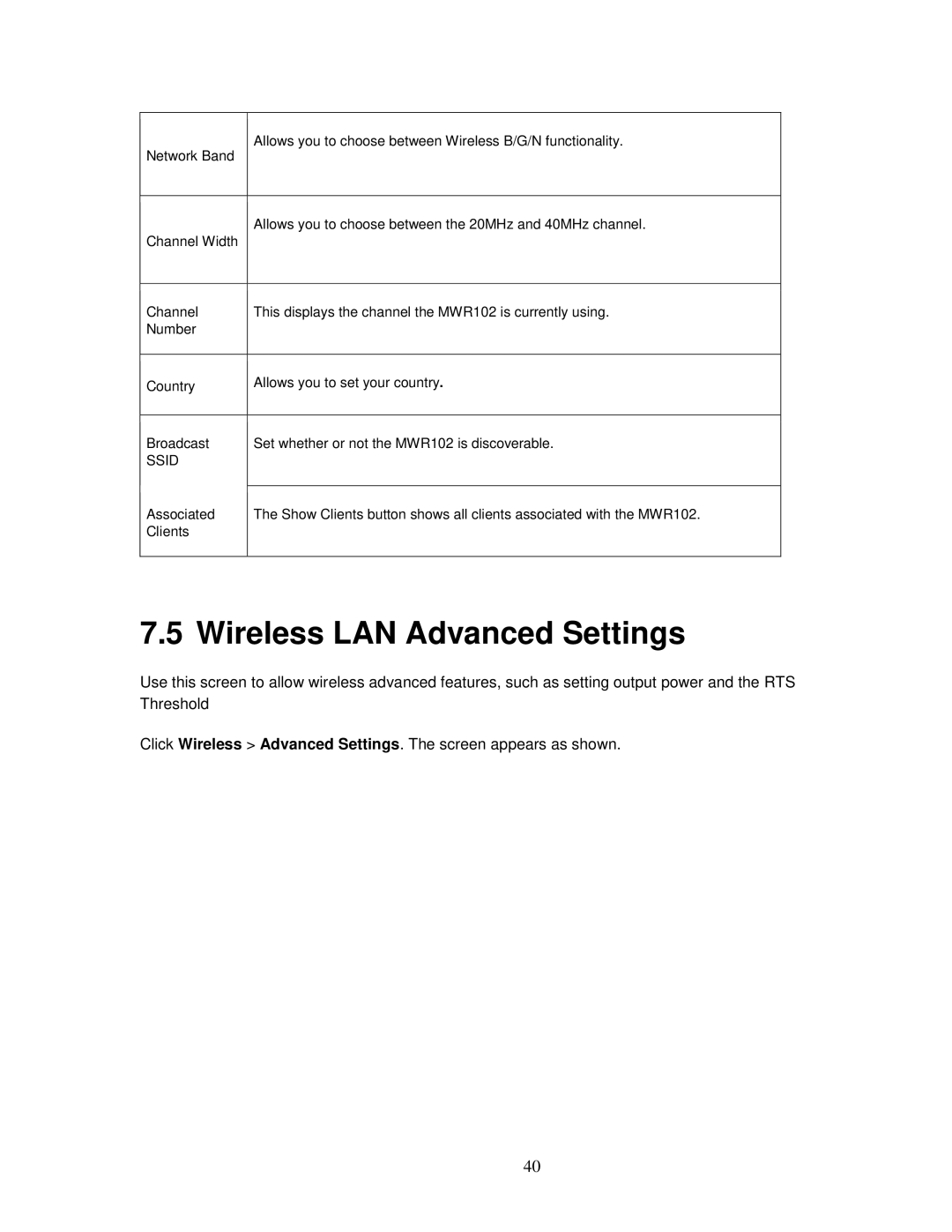 ZyXEL Communications MWR102 manual Wireless LAN Advanced Settings 