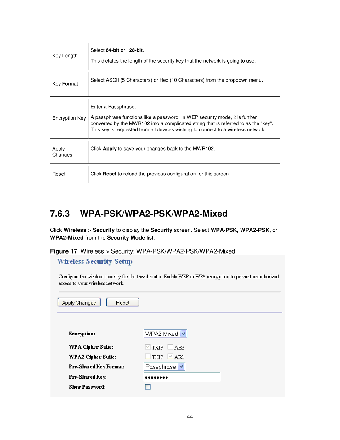 ZyXEL Communications MWR102 manual Wireless Security WPA-PSK/WPA2-PSK/WPA2-Mixed 