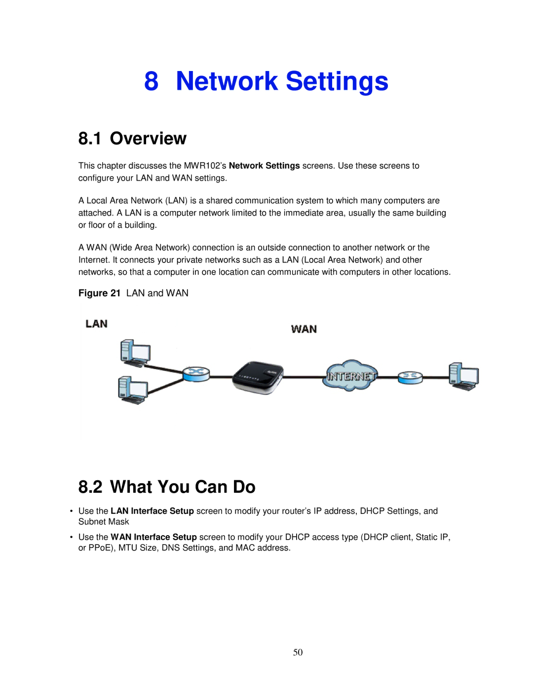 ZyXEL Communications MWR102 manual Network Settings, LAN and WAN 