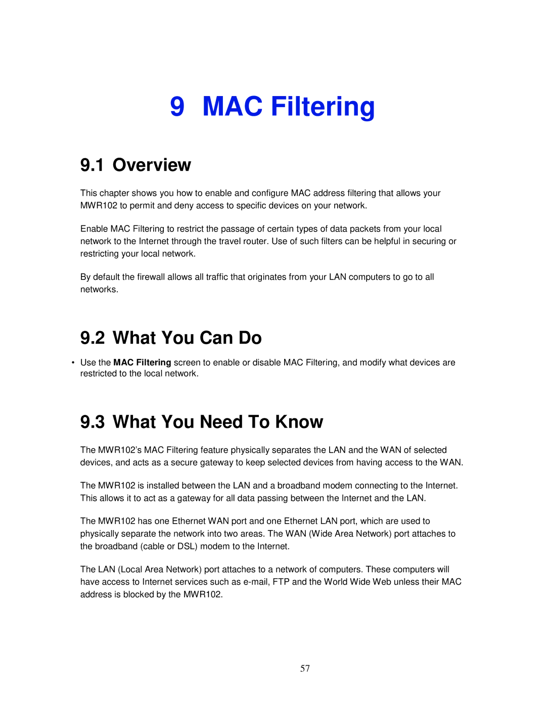 ZyXEL Communications MWR102 manual MAC Filtering, Overview 