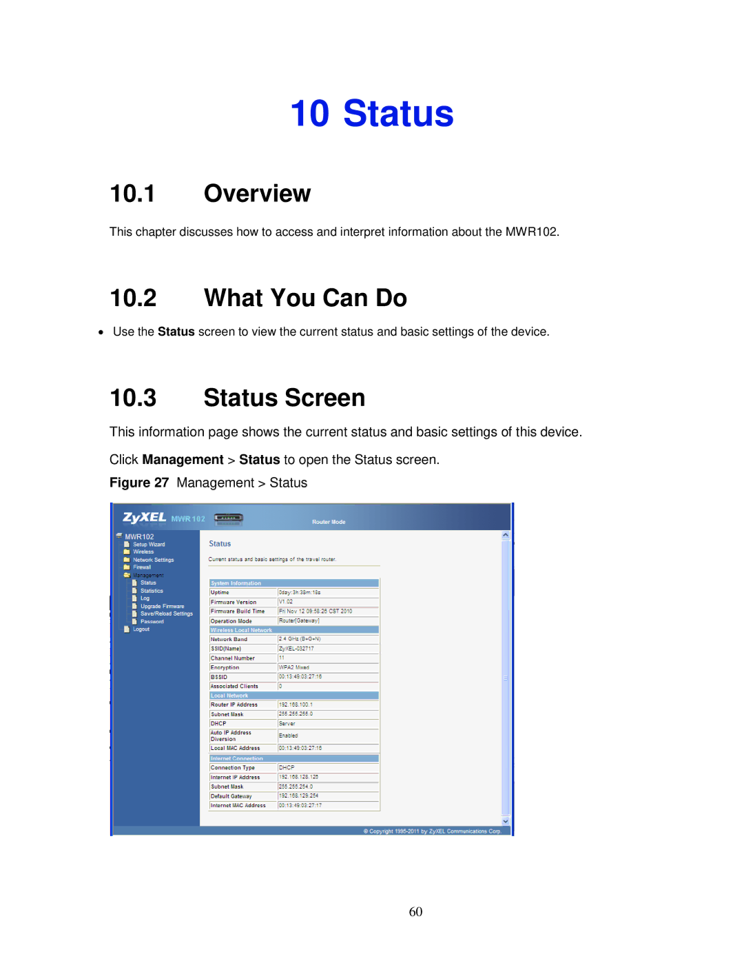 ZyXEL Communications MWR102 manual Status Screen 