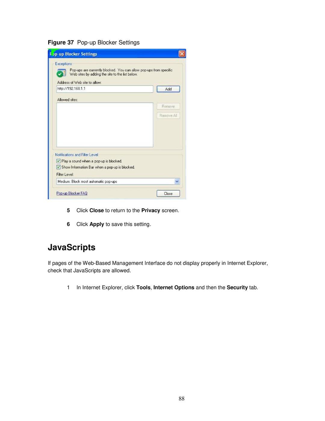 ZyXEL Communications MWR102 manual JavaScripts, Pop-up Blocker Settings 