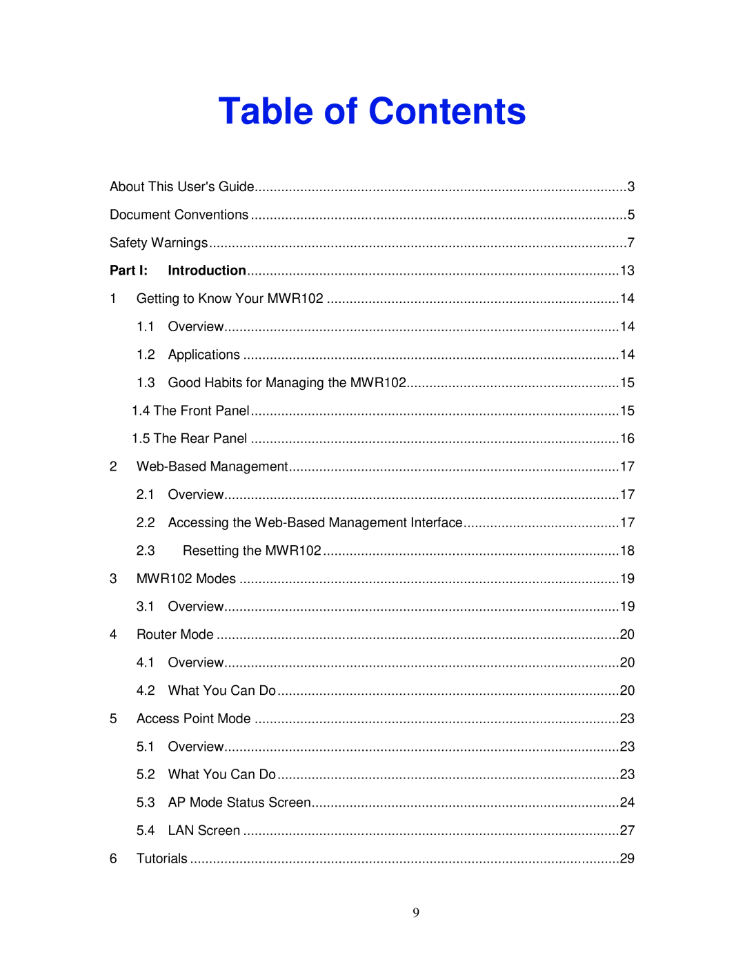 ZyXEL Communications MWR102 manual Table of Contents 