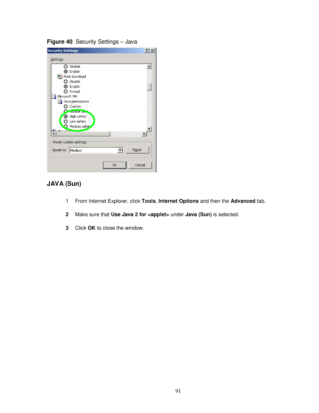 ZyXEL Communications MWR102 manual Java Sun, Security Settings Java 