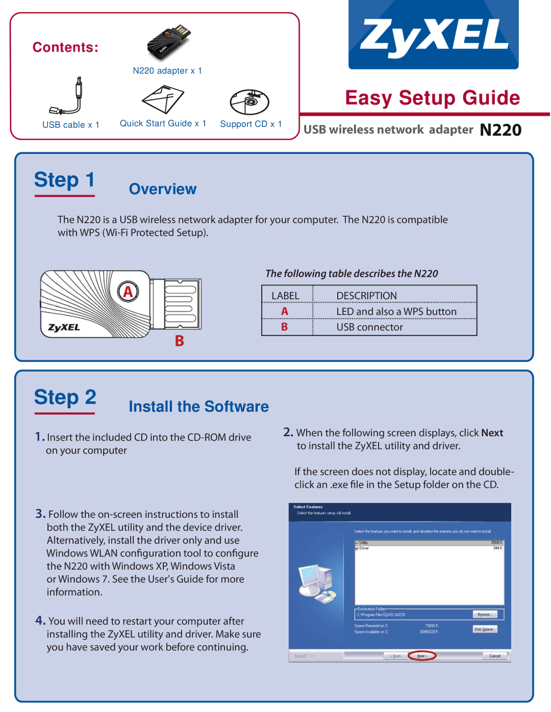 ZyXEL Communications n220 setup guide Overview, Install the Software 