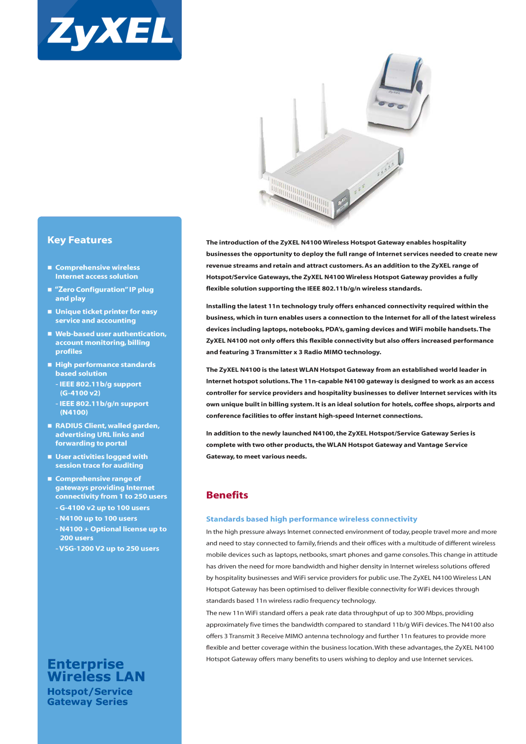 ZyXEL Communications N4100 manual Benefits, Standards based high performance wireless connectivity 