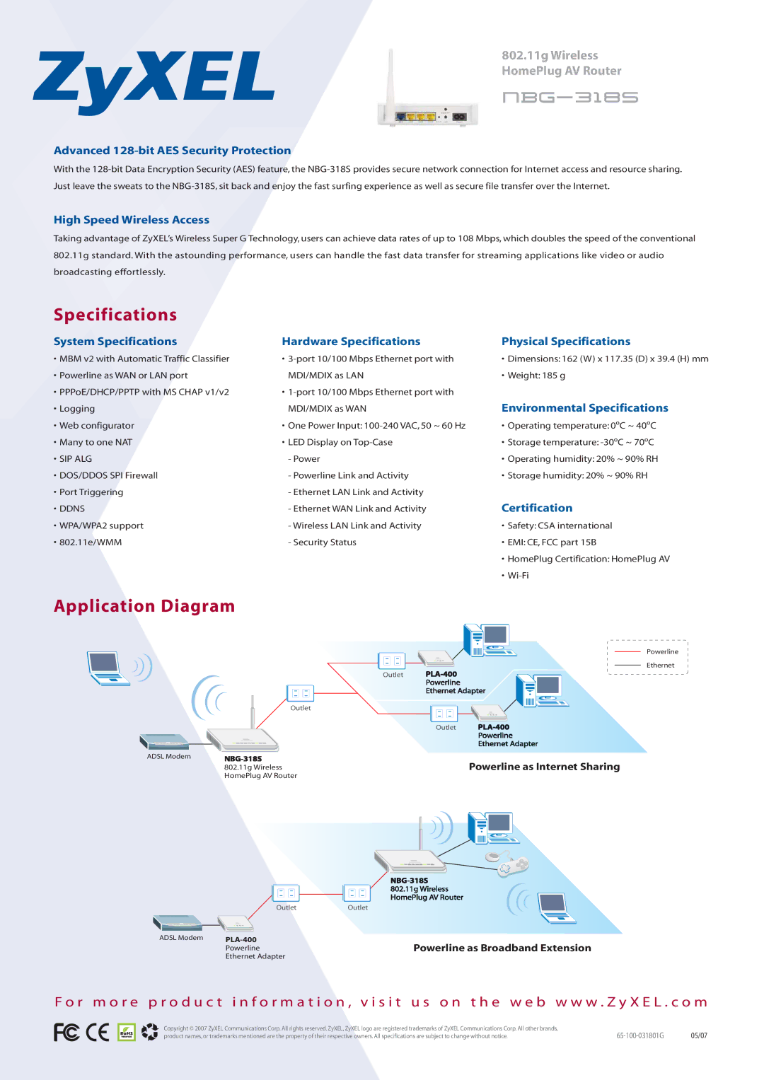 ZyXEL Communications NBG-318S manual Specifications, Application Diagram 