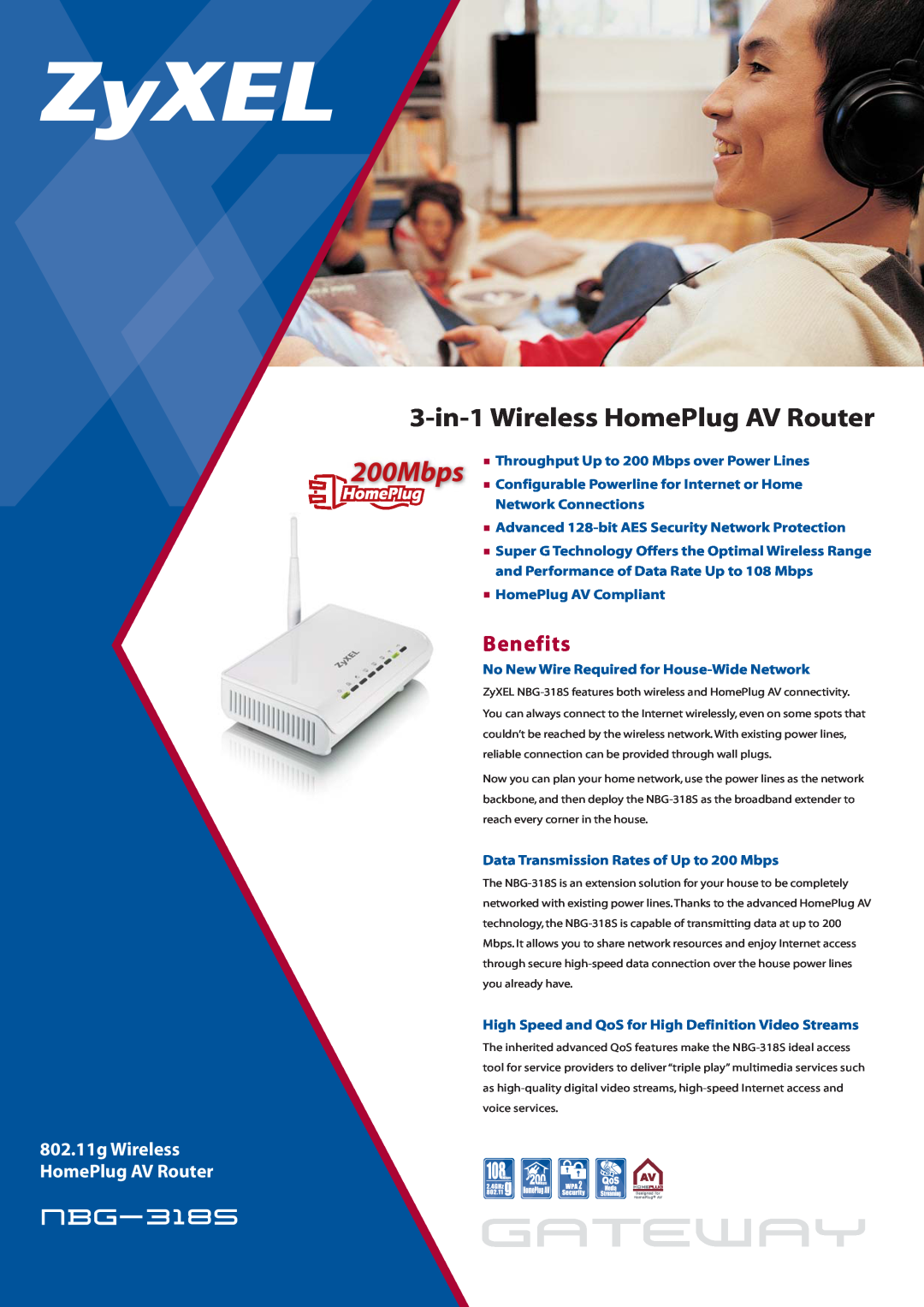 ZyXEL Communications NBG-318S manual 3-in-1 Wireless HomePlug AV Router, Benefits, nbg-318s,  HomePlug AV Compliant 