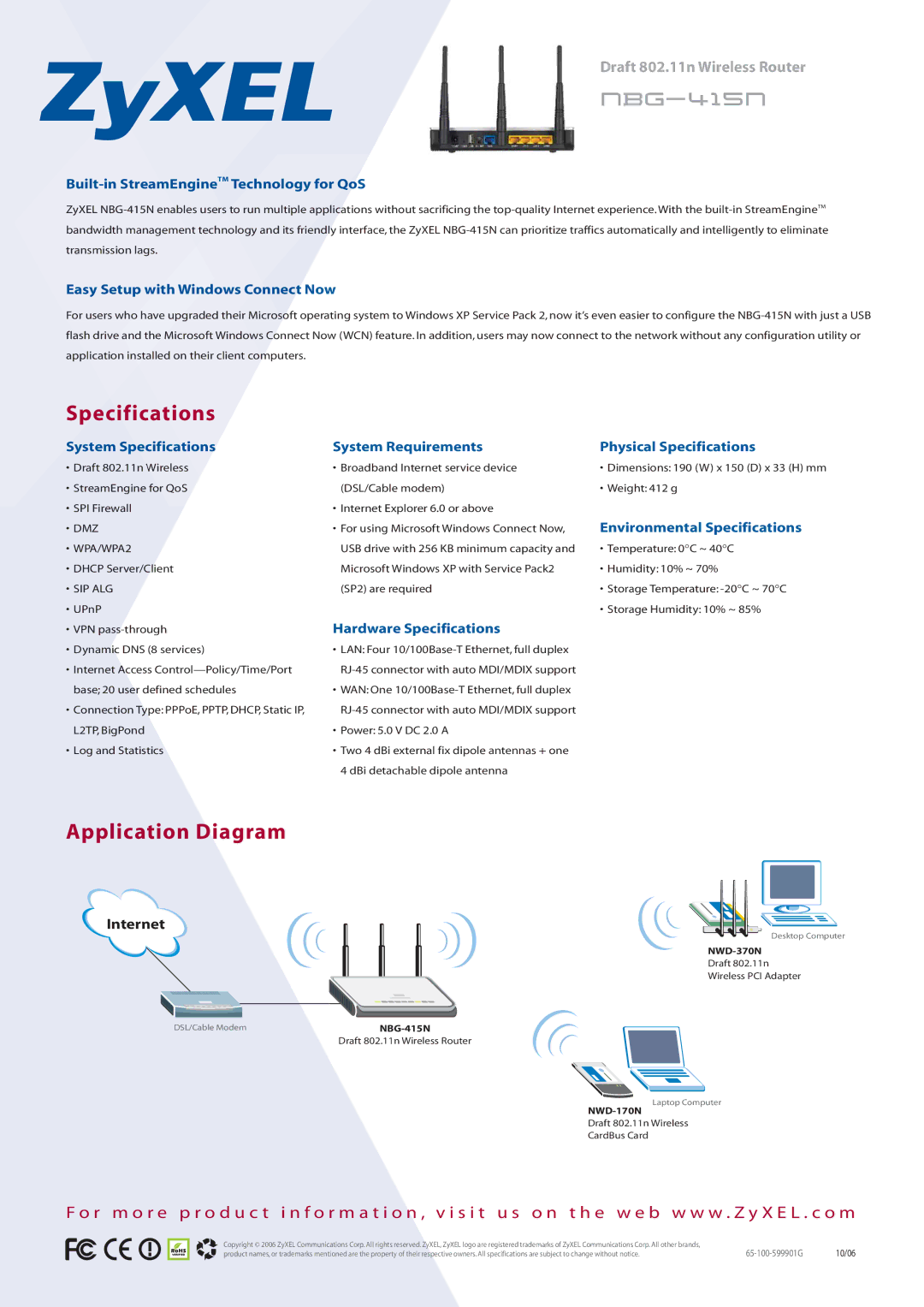 ZyXEL Communications NBG-415N manual Specifications, Application Diagram 