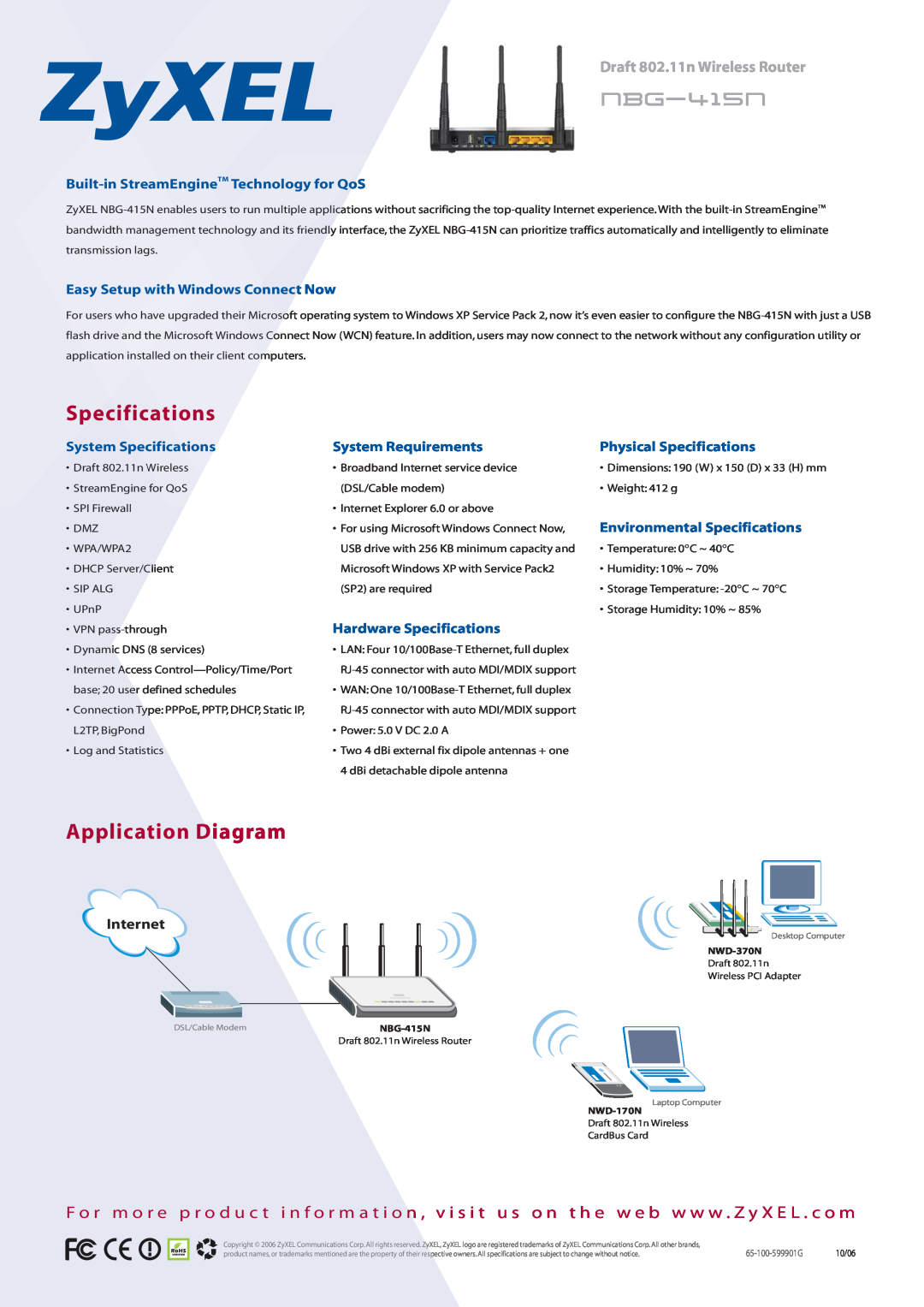 ZyXEL Communications NBG-415N Specifications, Application Diagram, Built-in StreamEngineTM Technology for QoS, nbg-415n 