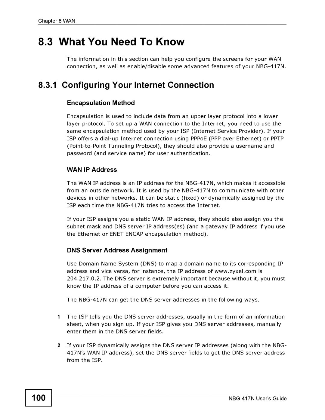 ZyXEL Communications NBG-417N manual What You Need To Know, Configuring Your Internet Connection, 100 