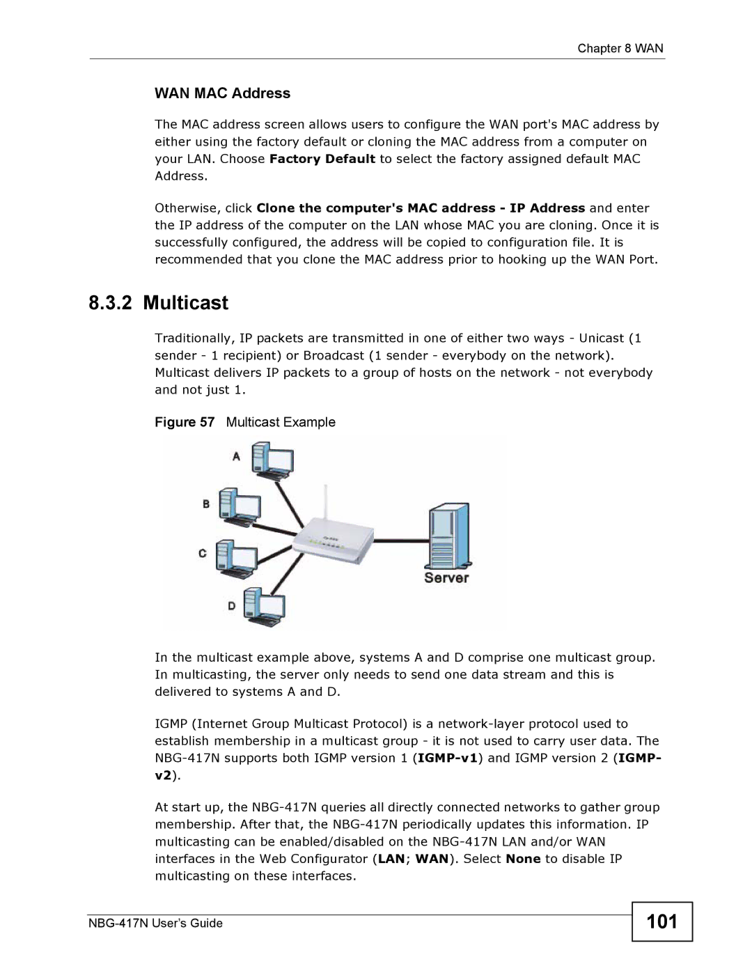 ZyXEL Communications NBG-417N manual Multicast, 101, WAN MAC Address 