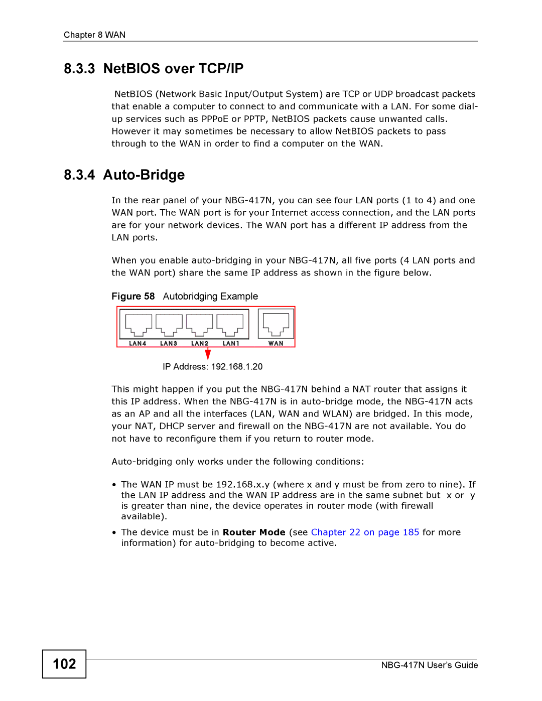 ZyXEL Communications NBG-417N manual NetBIOS over TCP/IP, Auto-Bridge, 102 