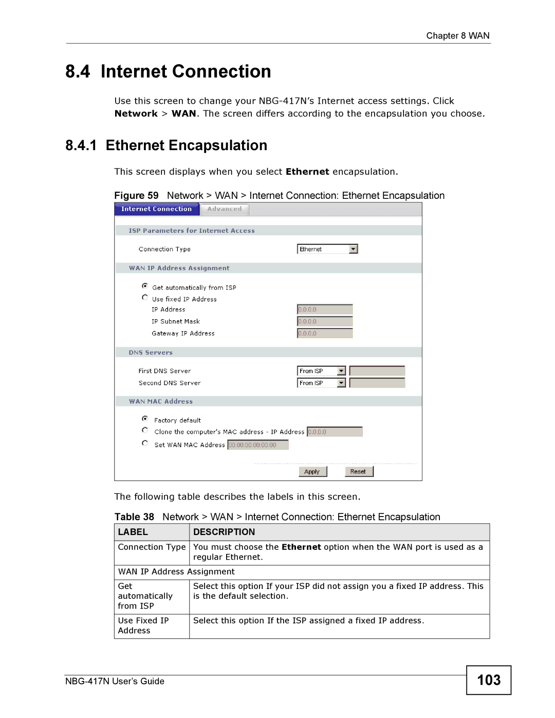 ZyXEL Communications NBG-417N manual Internet Connection, Ethernet Encapsulation, 103 