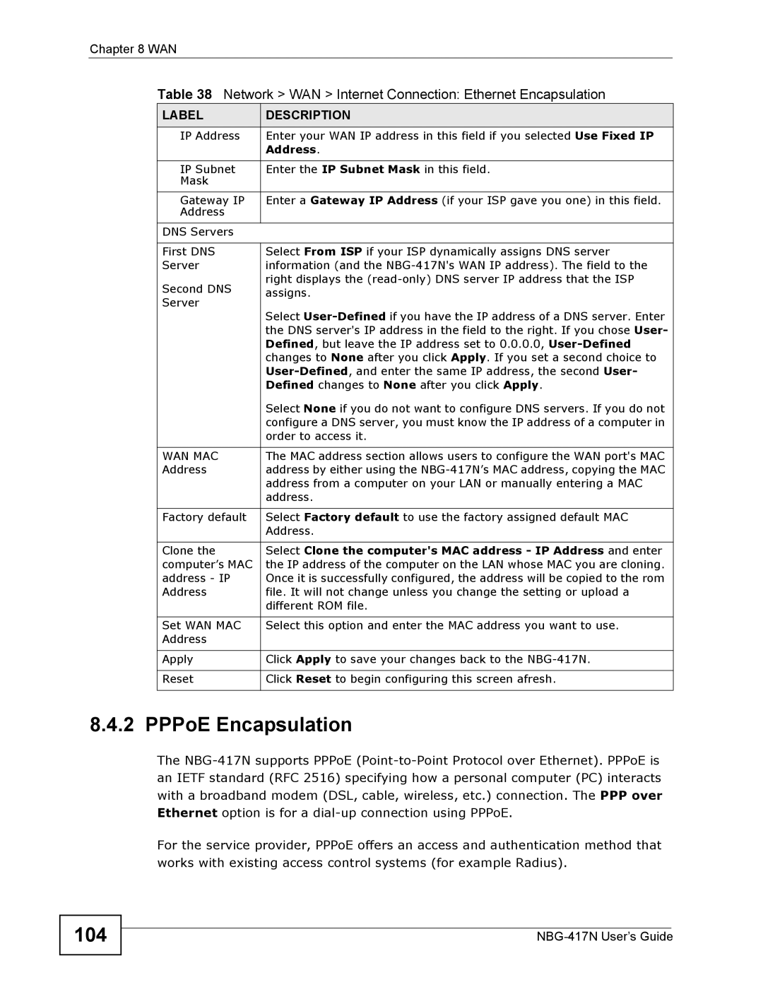 ZyXEL Communications NBG-417N manual PPPoE Encapsulation, 104, Wan Mac 