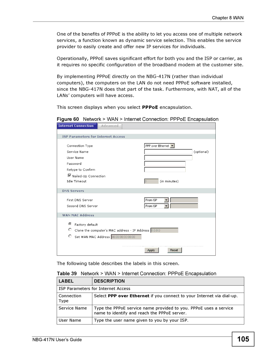 ZyXEL Communications NBG-417N manual 105, Network WAN Internet Connection PPPoE Encapsulation 