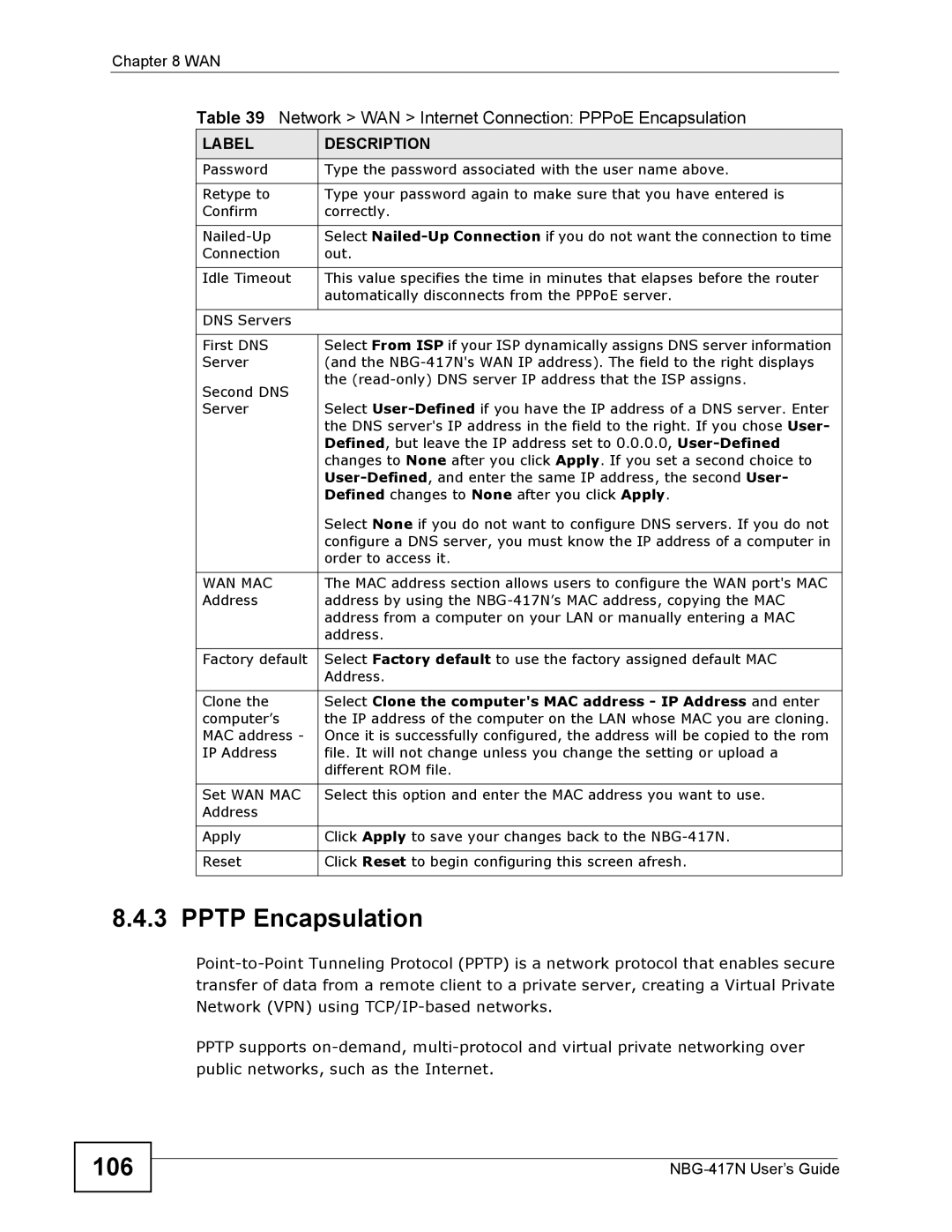 ZyXEL Communications NBG-417N manual Pptp Encapsulation, 106 