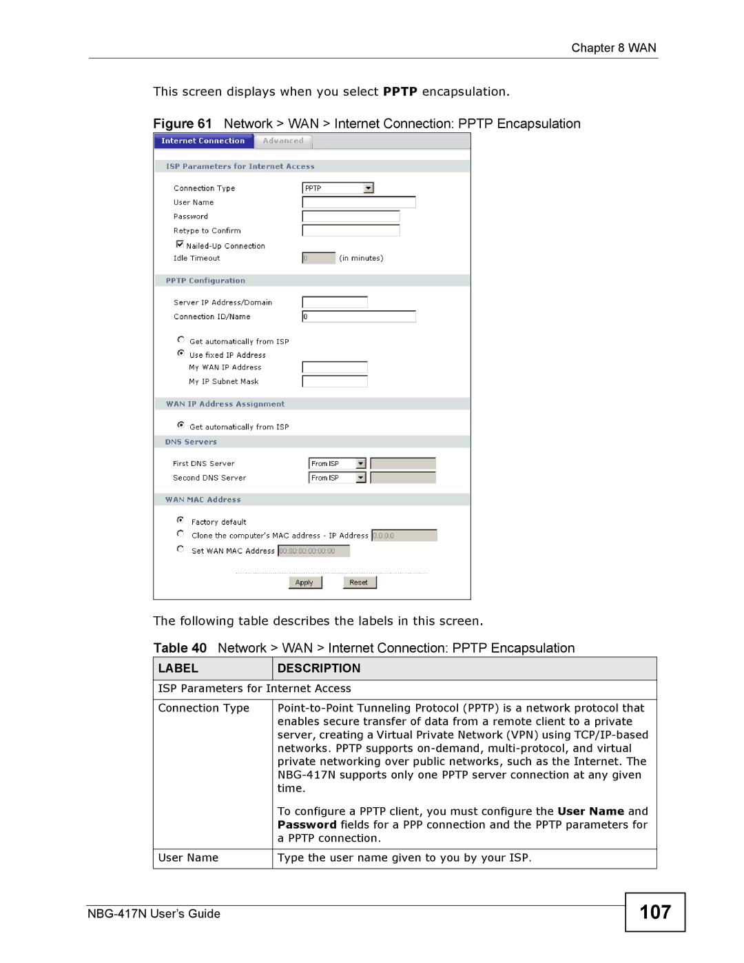 ZyXEL Communications NBG-417N manual 107, Network WAN Internet Connection Pptp Encapsulation 