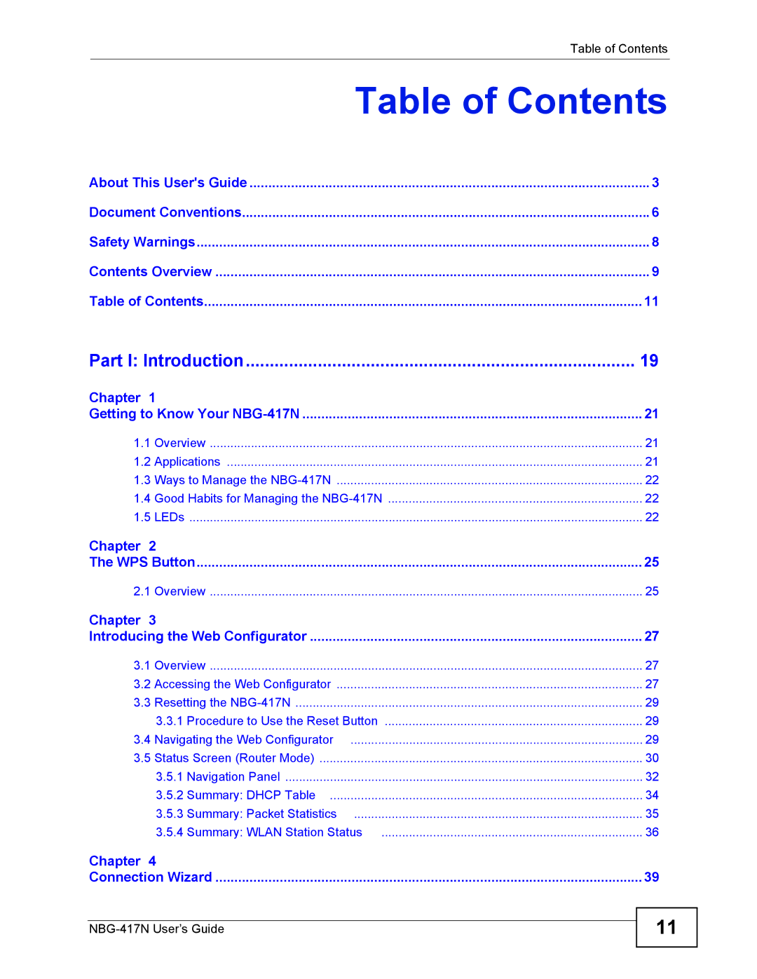 ZyXEL Communications NBG-417N manual Table of Contents 