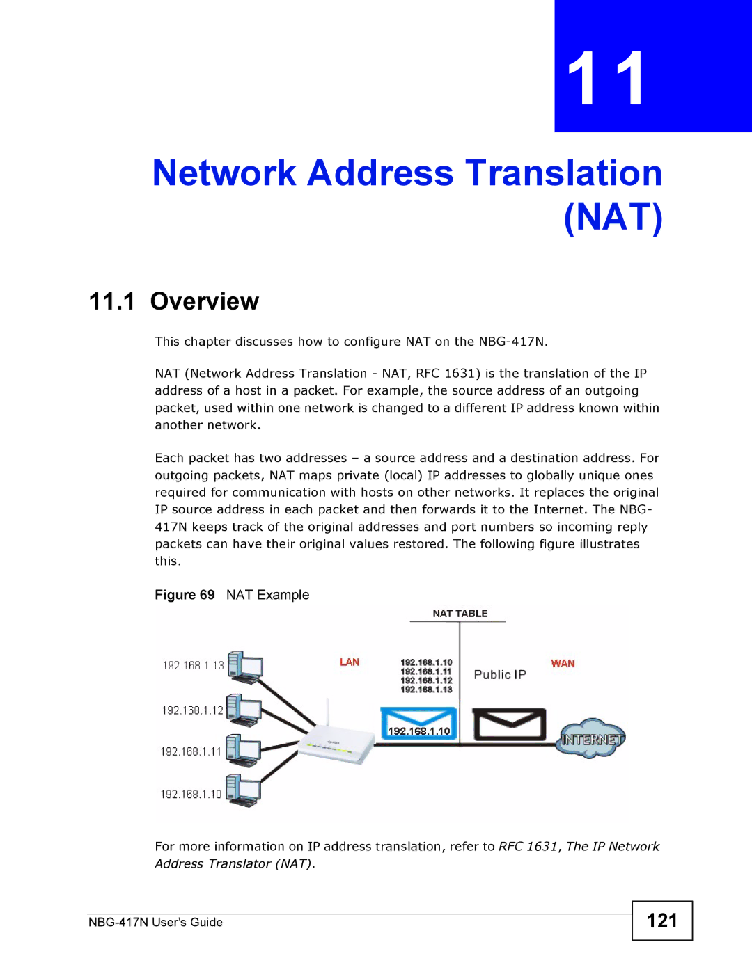 ZyXEL Communications NBG-417N manual Network Address Translation NAT, 121 