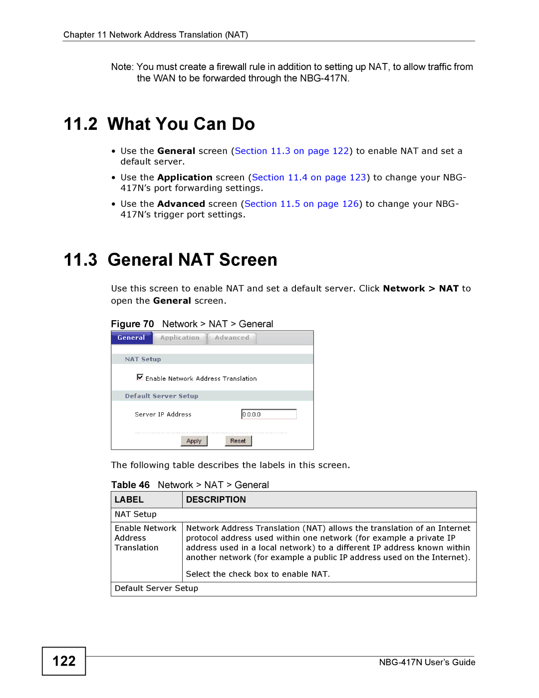 ZyXEL Communications NBG-417N manual General NAT Screen, 122 