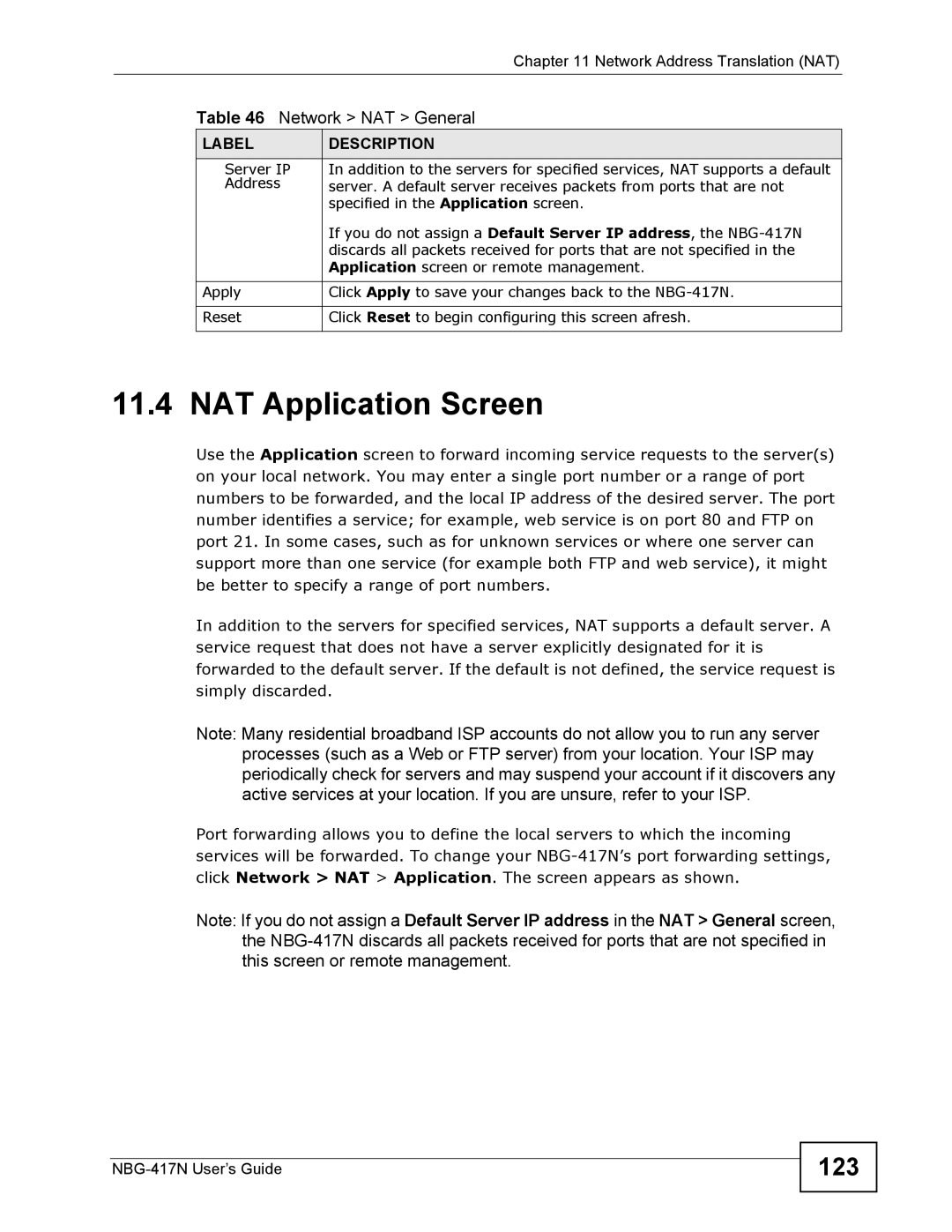 ZyXEL Communications NBG-417N manual NAT Application Screen, 123 