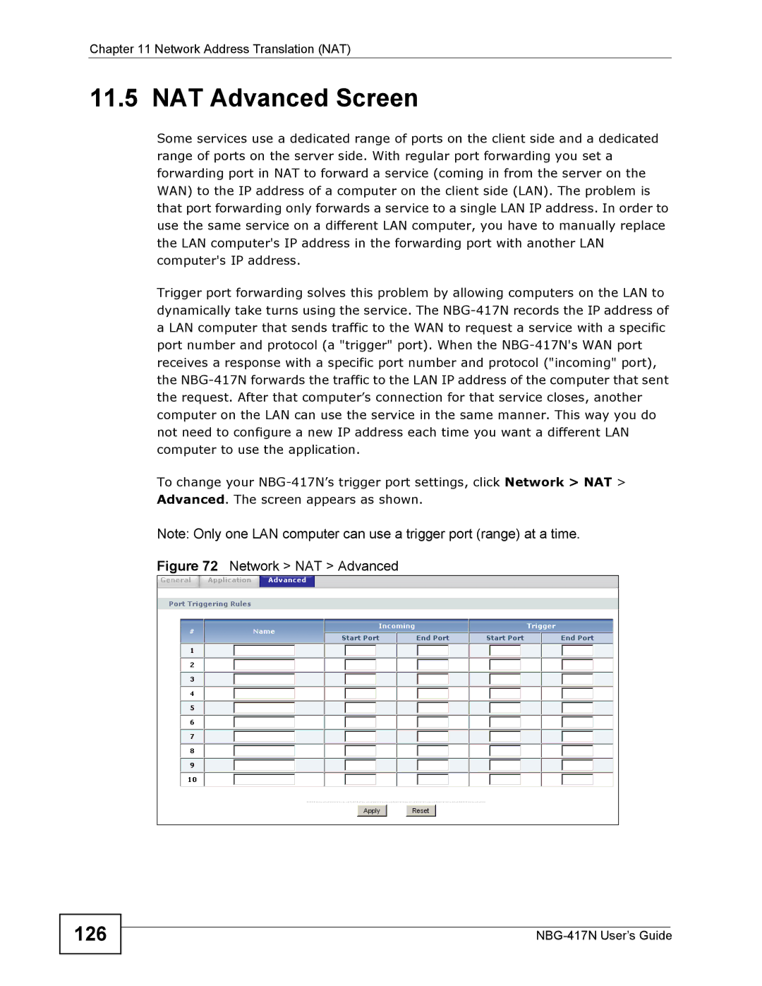 ZyXEL Communications NBG-417N manual NAT Advanced Screen, 126 