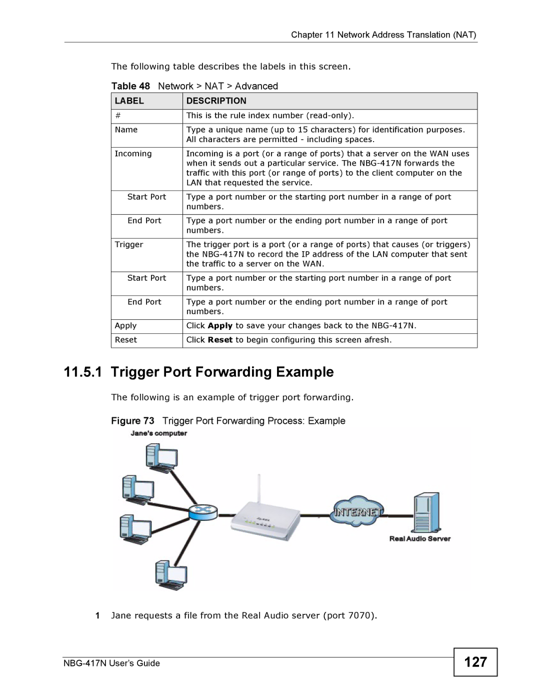 ZyXEL Communications NBG-417N manual Trigger Port Forwarding Example, 127 