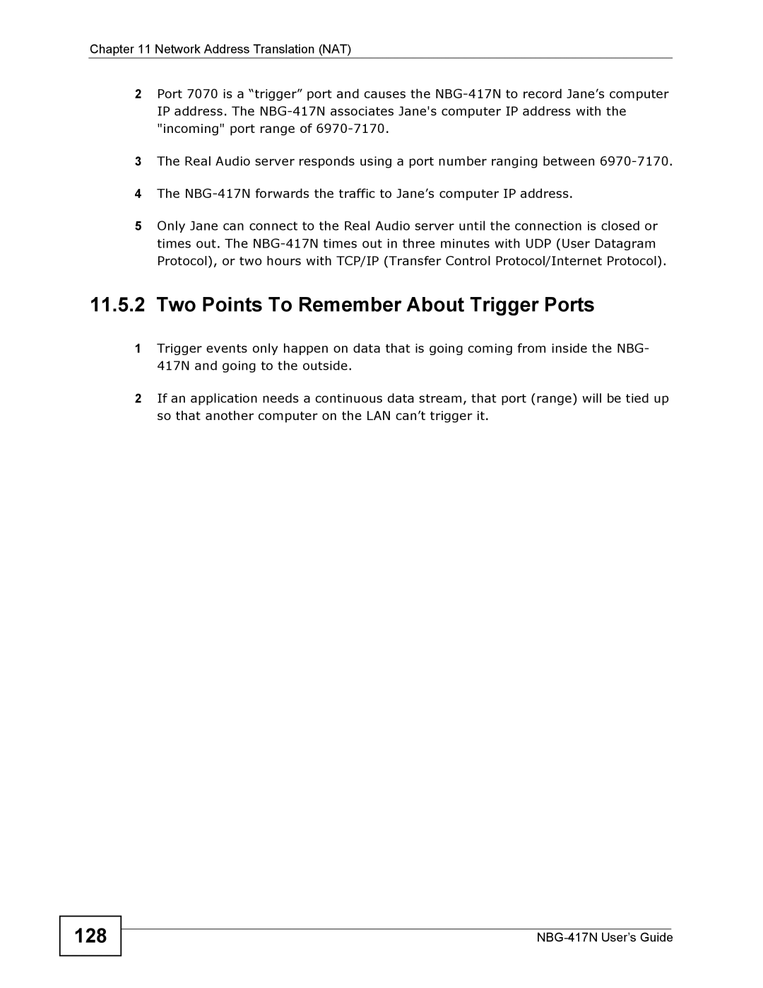 ZyXEL Communications NBG-417N manual Two Points To Remember About Trigger Ports, 128 