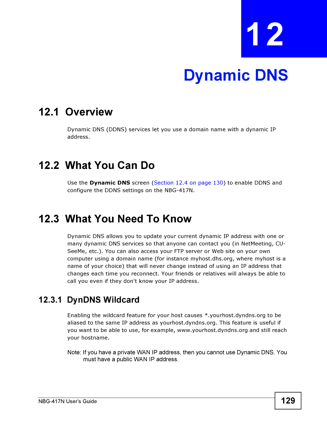 ZyXEL Communications NBG-417N manual Dynamic DNS, DynDNS Wildcard, 129 