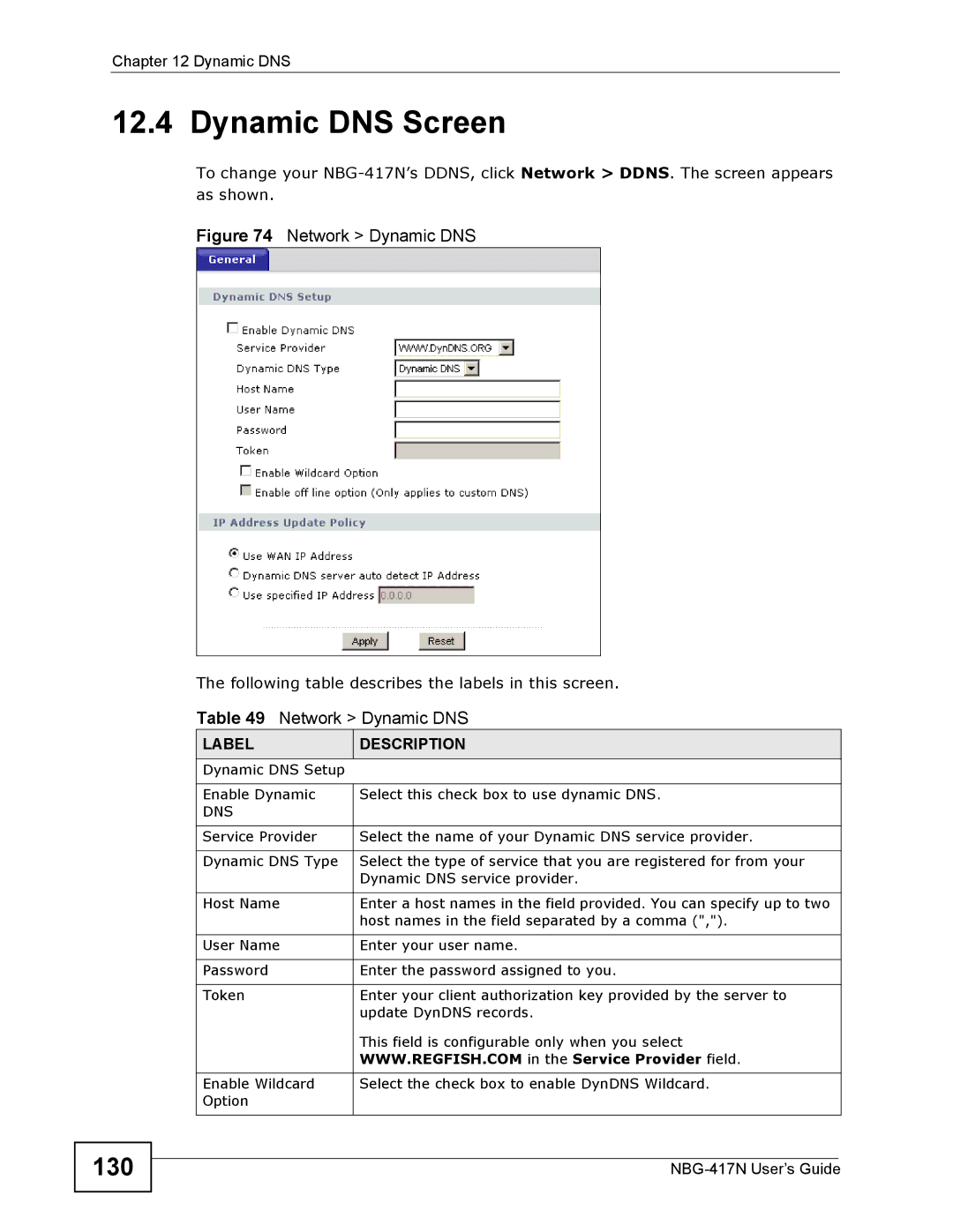 ZyXEL Communications NBG-417N manual Dynamic DNS Screen, 130, Dns 