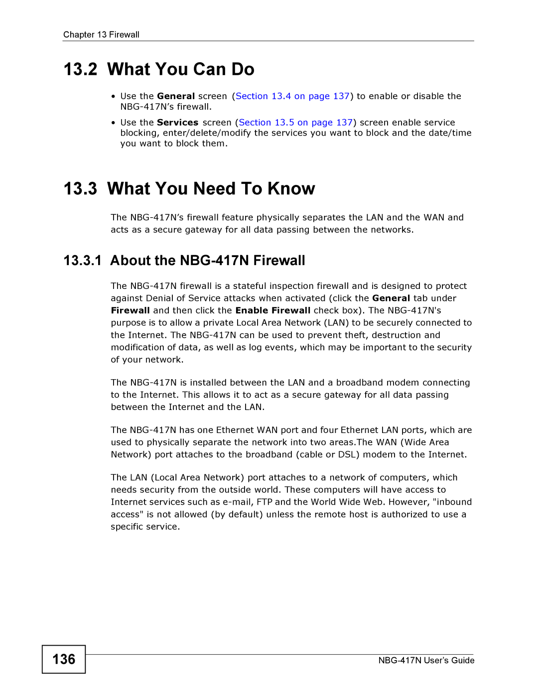 ZyXEL Communications manual About the NBG-417N Firewall, 136 